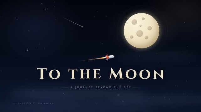 To the Moon space journey animation with cute rocket and lunar orbit graphic