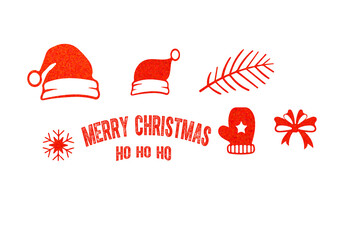 Red glitter christmas icons including santa hat snowflake mitten and merry christmas text for holiday greetings © Resmi