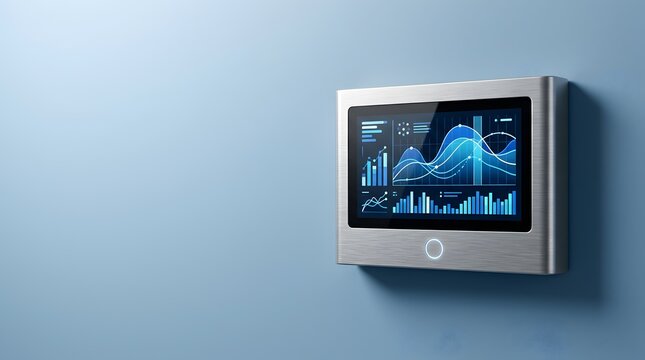 Modern metallic wall mounted display showing business financial analytics