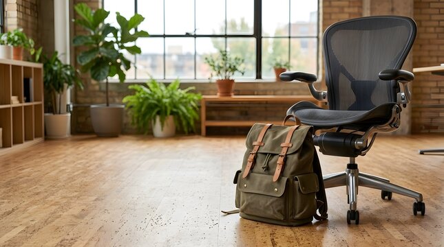 Modern Ergonomic Chair and Canvas Backpack in Sunny Industrial Office