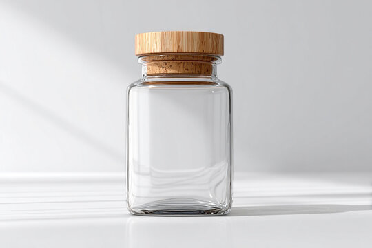 Clear glass jar with wooden cork lid isolated on white background