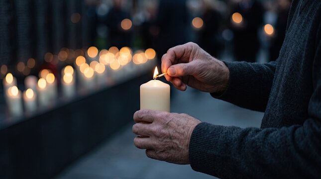 Senior man lighting single memorial candle with match during evening outdoor ceremony to remember lost loved souls.