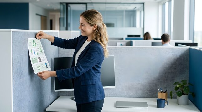 Professional woman pinning environmental awareness chart to cubicle wall