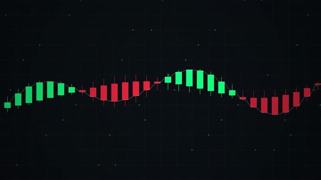 Abstract digital financial stock market chart with green and red candlestick patterns on dark background.