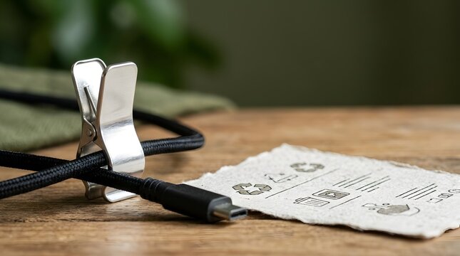 Stainless steel clip holds a braided charging cable on a wooden table