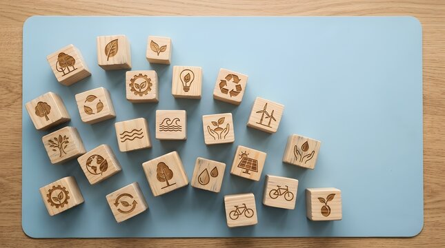 Wooden blocks with sustainability icons on a light blue background
