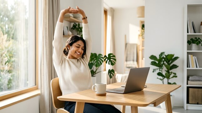 Young woman stretching arms to relax during remote work in home office