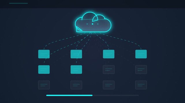 Neon blue cloud computing diagram and data flow interface with dynamic connections