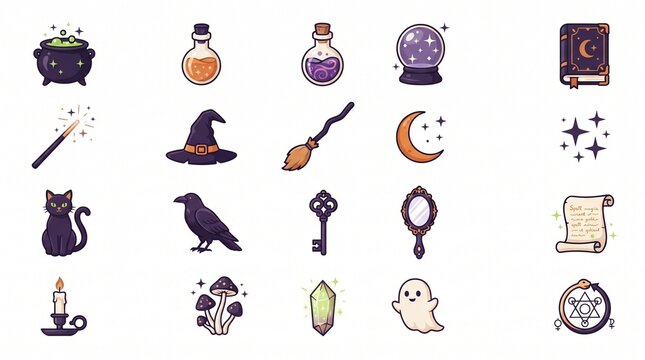 A charming collection of kawaii Halloween icons featuring mystical elements like a witch's hat, magic potions, crystal ball, spooky ghost, and enchanted creatures, perfect for festive designs