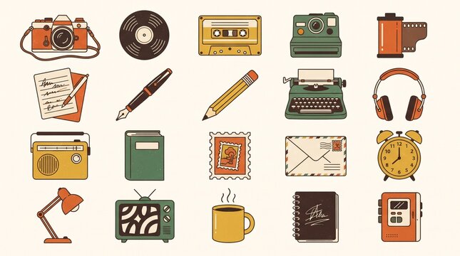 Vintage retro vector icons collection with camera cassette vinyl typewriter radio and nostalgic objects