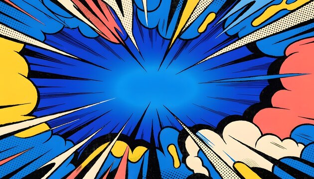 Explosion comic book style blue background.
