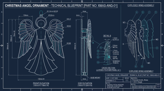 Technical blueprint drawing of a decorative Christmas angel ornament.