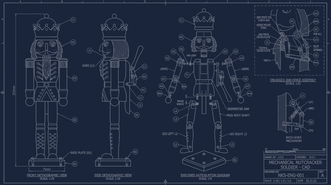 Technical blueprint drawing of a traditional wooden nutcracker soldier.