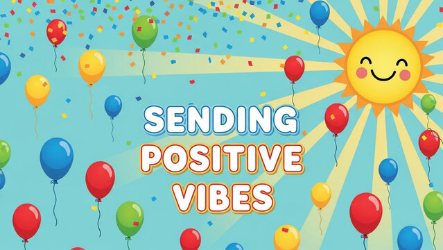 Sending positive vibes text with colorful balloons and a smiling sun