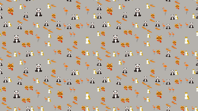 Cute animal pattern with pandas, foxes, cats, flamingos, and lobsters