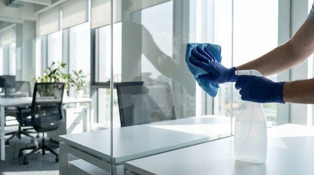 Professional office cleaner with blue gloves wiping glass partition, sanitizing modern workplace interior, commercial cleaning service