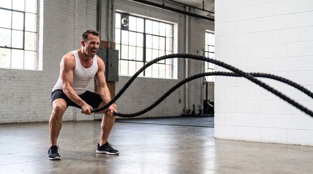 Athletic man training with battle ropes, shouting and exercising intensely in a modern industrial gym fitness center, functional strength workout, health and wellness sports