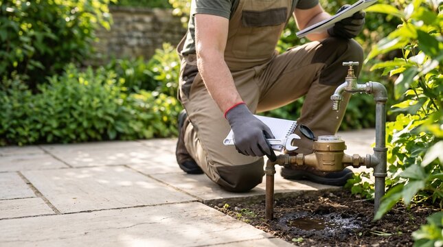 Plumber inspecting outdoor water meter and pipes, wearing workwear and gloves, holding notebook and wrench, garden patio background, professional maintenance service