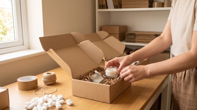 Woman packing handmade cosmetics into cardboard shipping boxes, sustainable e-commerce fulfillment workspace, small business shipping station with eco-friendly packaging materials