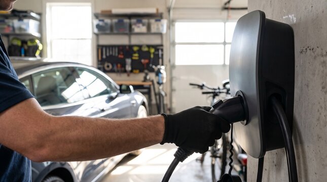 Electric vehicle charger installation, man plugging cable into wall-mounted charging station, electric car in residential garage, clean energy technology