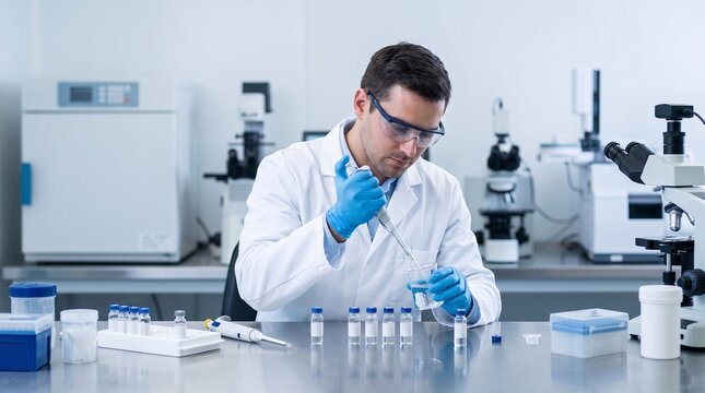 Male scientist in white lab coat using pipette and beaker, wearing safety goggles and blue gloves, working in modern medical research laboratory