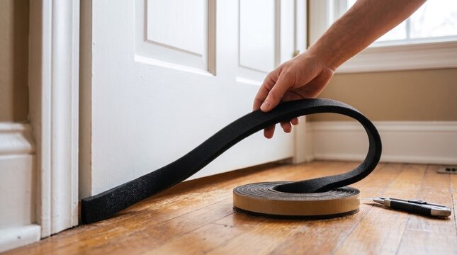 Man applying black weather stripping foam tape on white wooden door bottom, draft blocker insulation installation