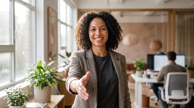 Confident businesswoman with curly hair reaching out to shake hands, smiling in a modern bright office with colleagues working in the background, professional business portrait