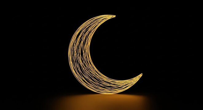 Abstract crescent moon shape formed by glowing golden fiber optic lines on a black background, minimalist artistic depiction of a celestial lunar symbol for Ramadan or Eid.