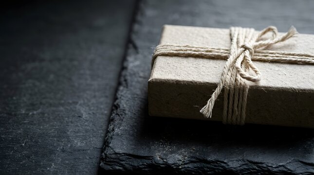 Recycled Paper Gift Box Tied with Twine on Dark Slate Surface