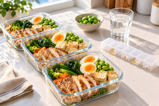 High protein meal prep with pill organizer for weight loss diet