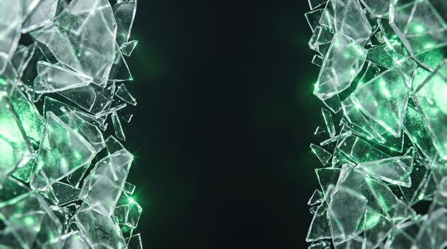 Abstract background with shattered glass shards and glowing green light effects