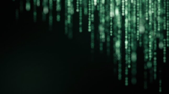 Abstract digital matrix background with falling green light particles and bokeh