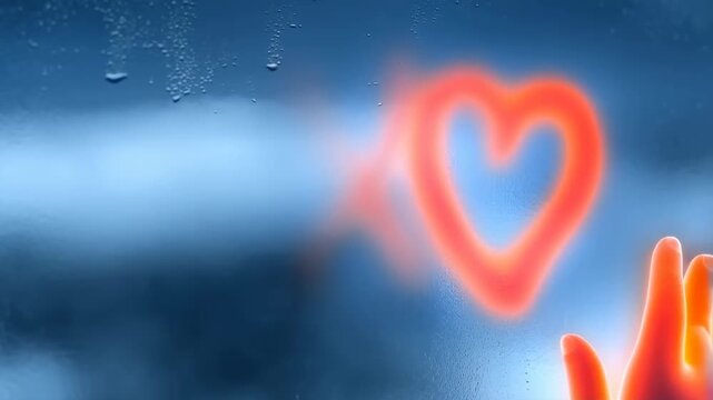 A stylized glowing orange hand drawing an X and heart shape on a blue foggy glass window with condensation water droplets, representing a symbol of love and affection in a thermal vision style.