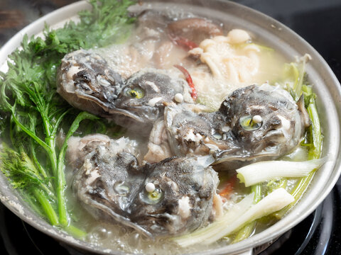 Korean spicy fish stew known as Ureok-maeuntang with raw rockfish chunks and assorted mushrooms