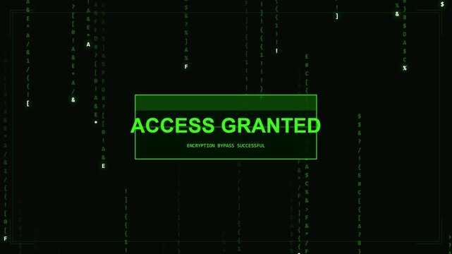 Green digital access granted notification screen with falling binary code data stream.