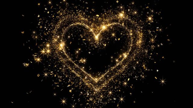 Sparkling Golden Glitter Heart on Black 4K Generative AI