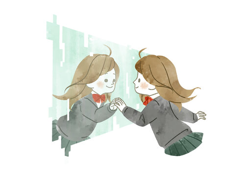 デジタル上の自分と向き合う女子生徒-水彩