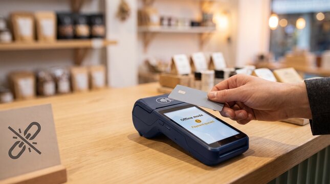 Person using a contactless card on a payment terminal showing an offline mode error in a small shop with hand