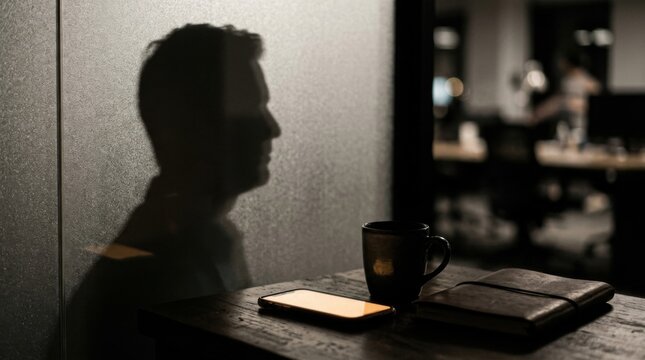 Shadowy profile of a manager behind frosted glass beside a glowing smartphone tethering data, coffee mug, and notebook.