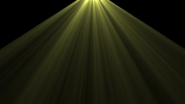 Dynamic golden light rays emitting from center on black background, abstract cinematic sunbeam overlay effect for motion visual effects, and digital compositing