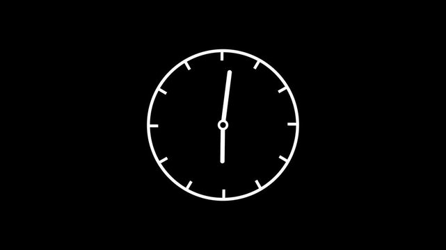 Minimalist white analog clock face rotating hands animation on solid black background, for time management, concepts, business deadlines, countdown sequences, and, efficient scheduling visual projects