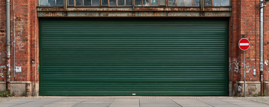 Green metal shutter covers old brick warehouse entrance beside red traffic sign, with weathered industrial windows and pavement