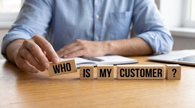 Identifying Your Target Audience: A person arranges wooden blocks spelling WHO IS MY CUSTOMER? on a desk, signifying the crucial step of customer profiling in business strategy.