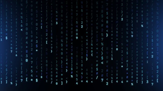 Abstract digital rain of glowing blue and cyan characters, numbers, and symbols against a dark, smoky background, representing code, data, or a futuristic matrix.