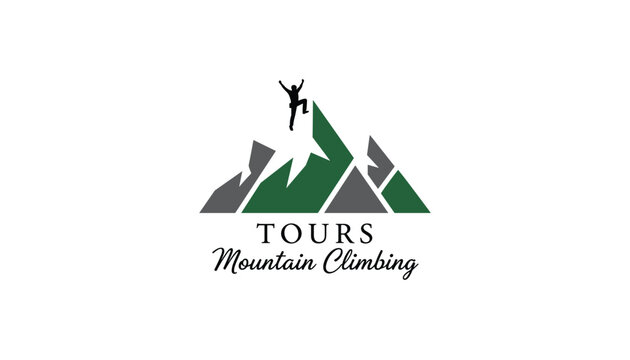 Minimalist adventure logo showing climber reaching the top of green and grey mountain range under clear skies.