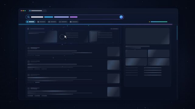 Modern web browser search interface loading skeleton cards and populating content loopable animation