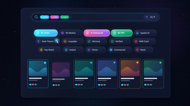 Search filter chips being selected interactive user interface animation 4K loopable stock video