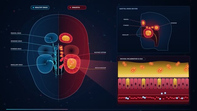 Medical 3D animation showing healthy sinus versus sinusitis inflammation and mucus blockage cross section