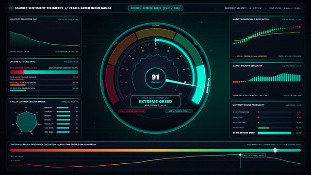 Financial market sentiment fear and greed index gauge meter oscillating from extreme panic to euphoria 4k seamless loop animation