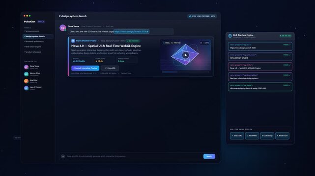 Modern chat application with website link preview unfurling metadata extraction and interactive rich media cards animation